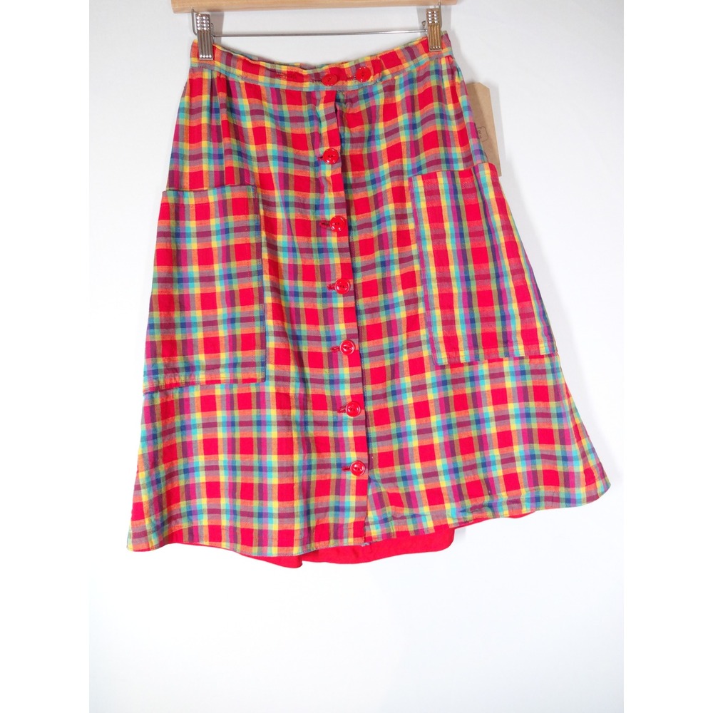 Vintage Plaid Skirt Women XS Red Multi Button A-Line Midi Rainbow Retro 70s 80s